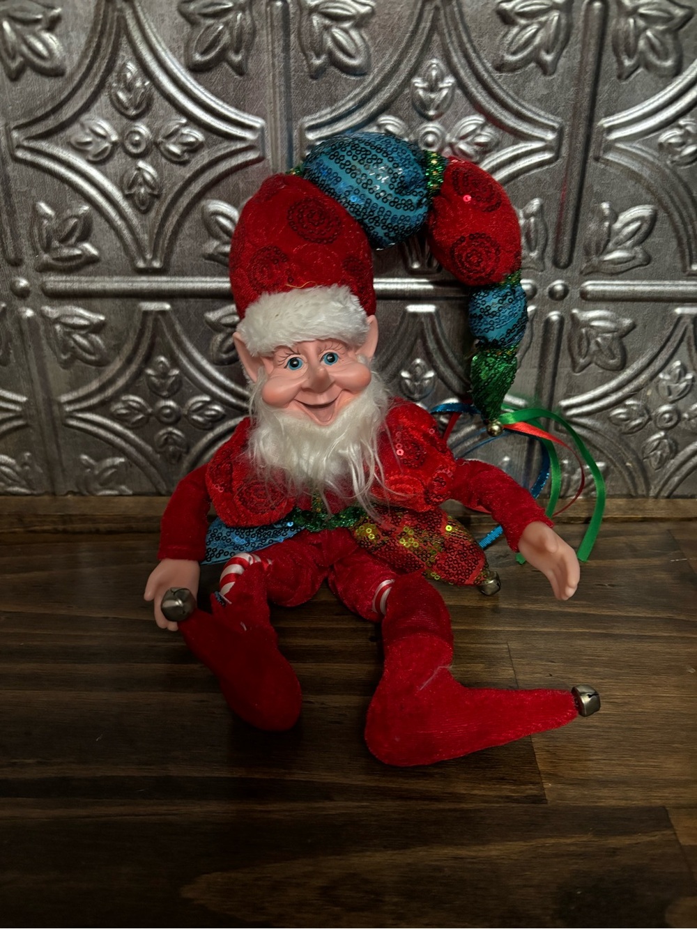 Holiday Elf /jester poseable Plush Decor - Red and Blue Sequin Hat
